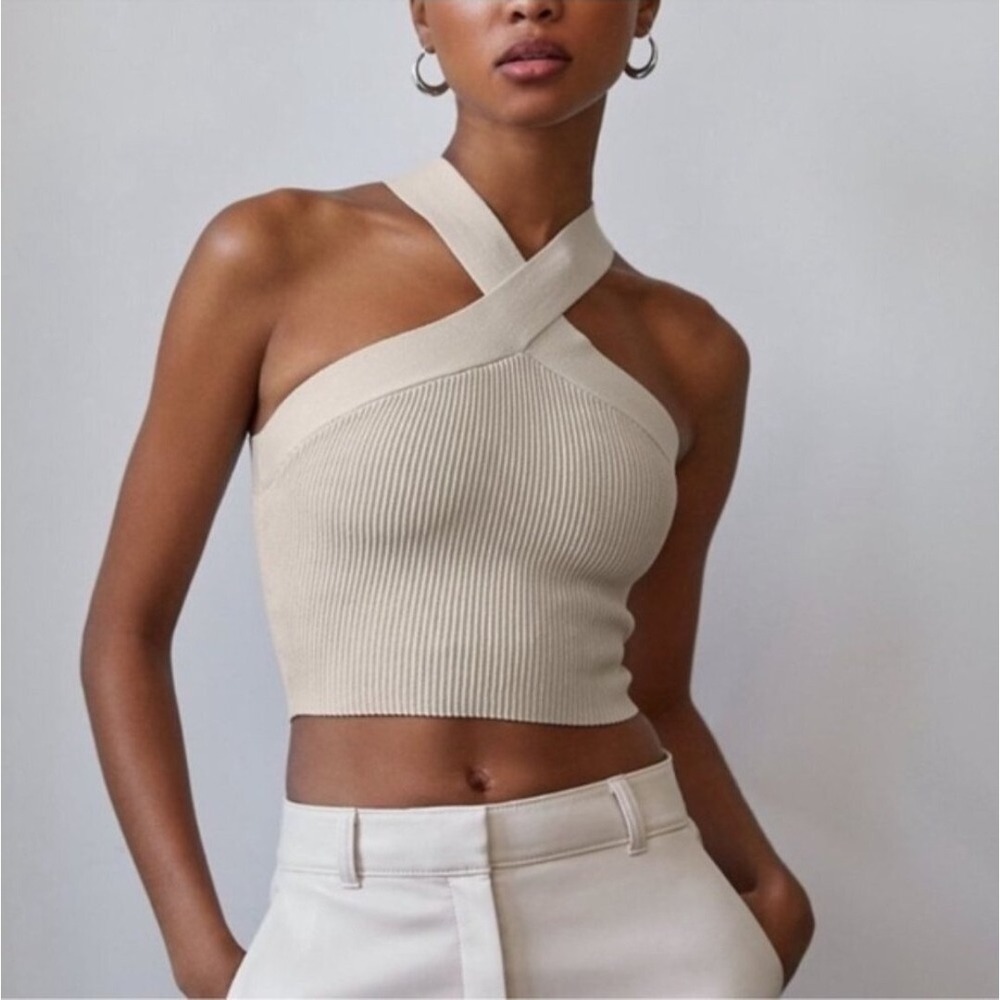 NWT Aritzia Babaton Sculpt Knit Criss Cross Tank Top XL Matte Pearl Cropped Boho